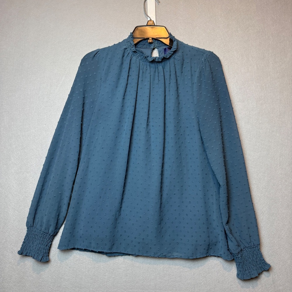 Blue Rain Swiss Dot Blouse Smocked Mock Neck Long Sleeve Steel Blue Top Small
